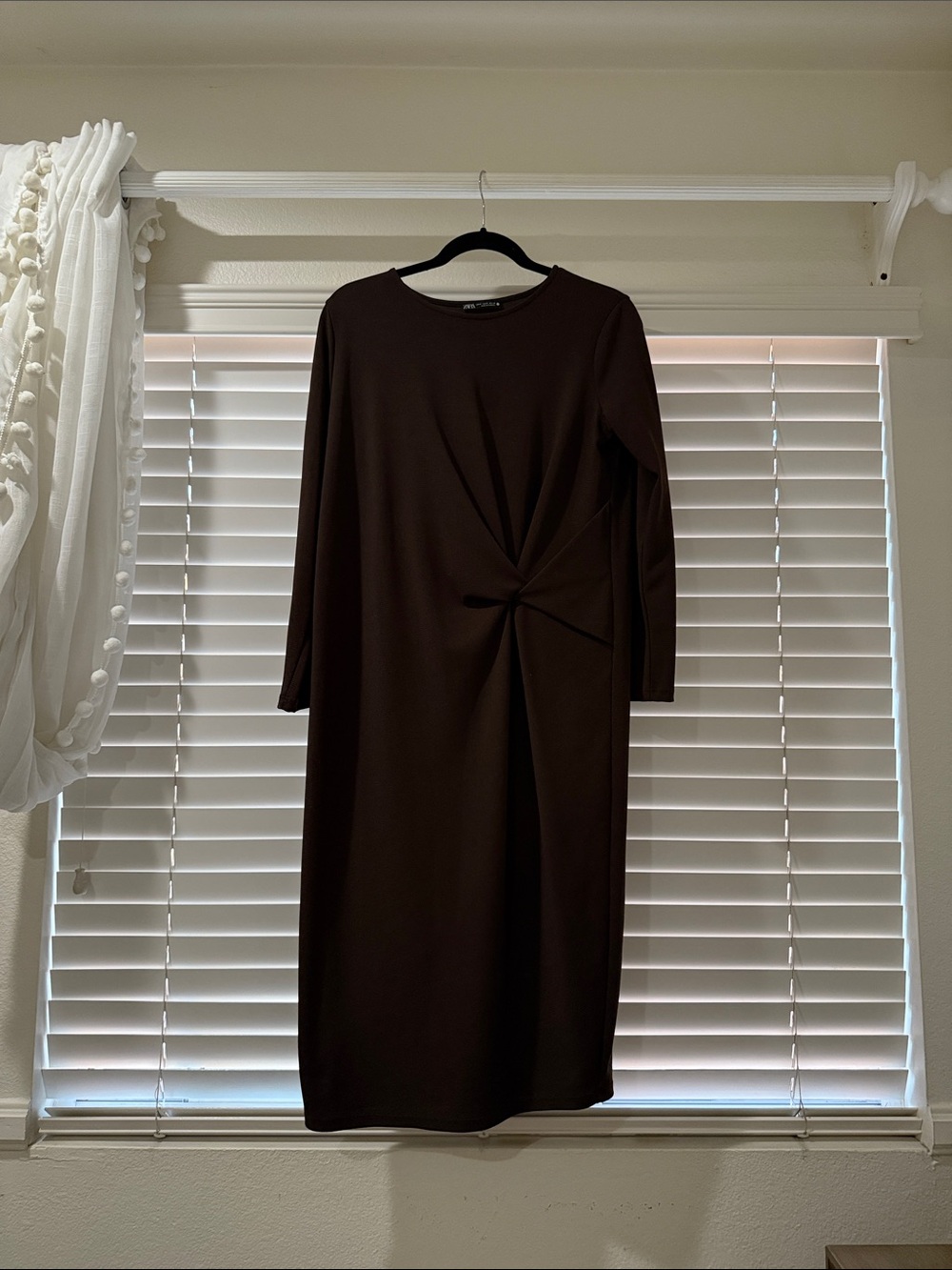 Zara Brown Long Sleeve Twist-Knot Midi Dress